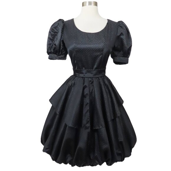Vintage 80s Black Metallic Full Bubble Skirt Polka Dot Prom Party Dress S M